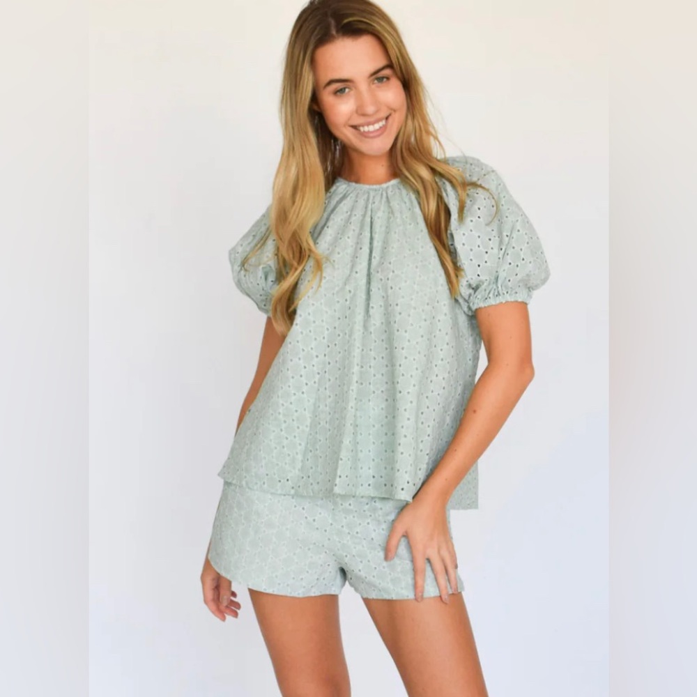 NWT Never A Wallflower Seafoam Eyelet Gathered Neck Top XS